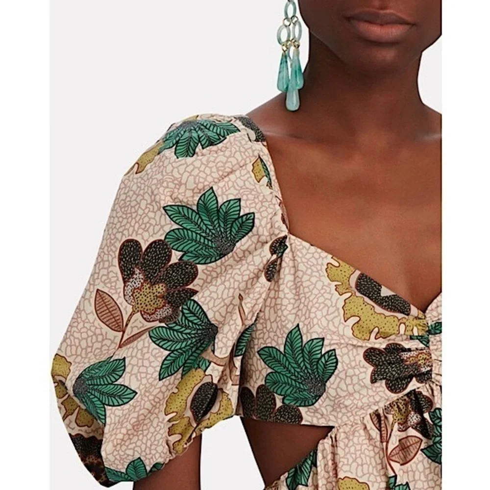 AUTUMN ADEIGBO Floral Print Puff Short Sleeve Cutout Tiered Ruffle Midi Dress 16